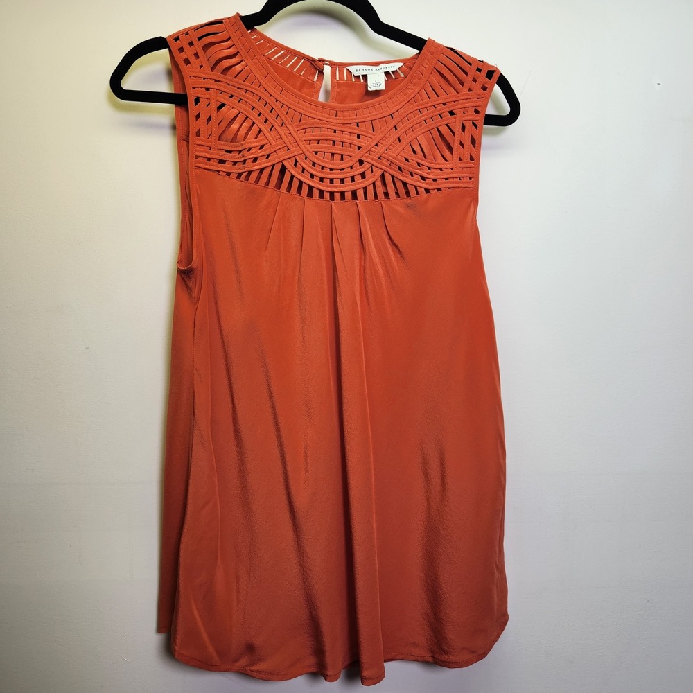 Banana Republic 100% Silk Blouse Lrg Sleeveless Cutout Lattice Yoke at Neck